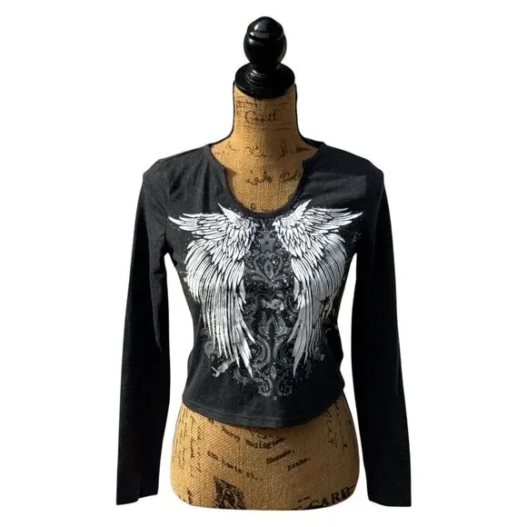 Romwe S Long Sleeve Graphic Top Angel Wings Black Stretch Tee Women S - Picture 2 of 12